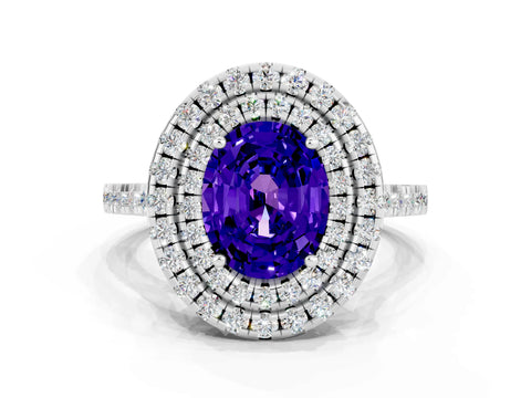 White gold Double Halo Oval Cut Tanzanite Pavé Band with Four-Prong Setting