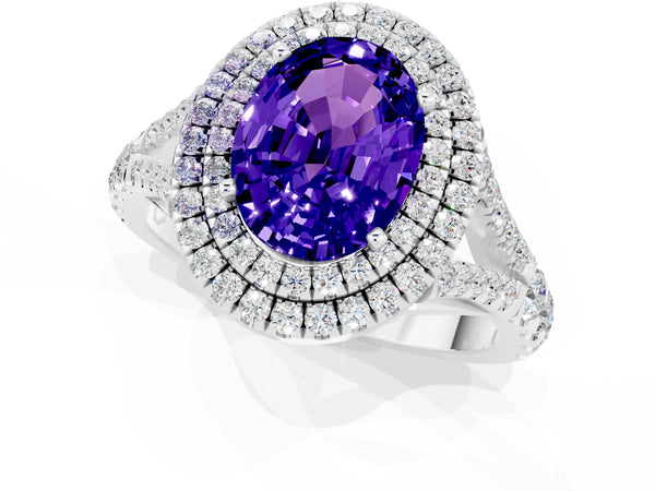 Silver Double Halo Oval Cut Tanzanite Pavé Split Shank Ring with Prong Setting