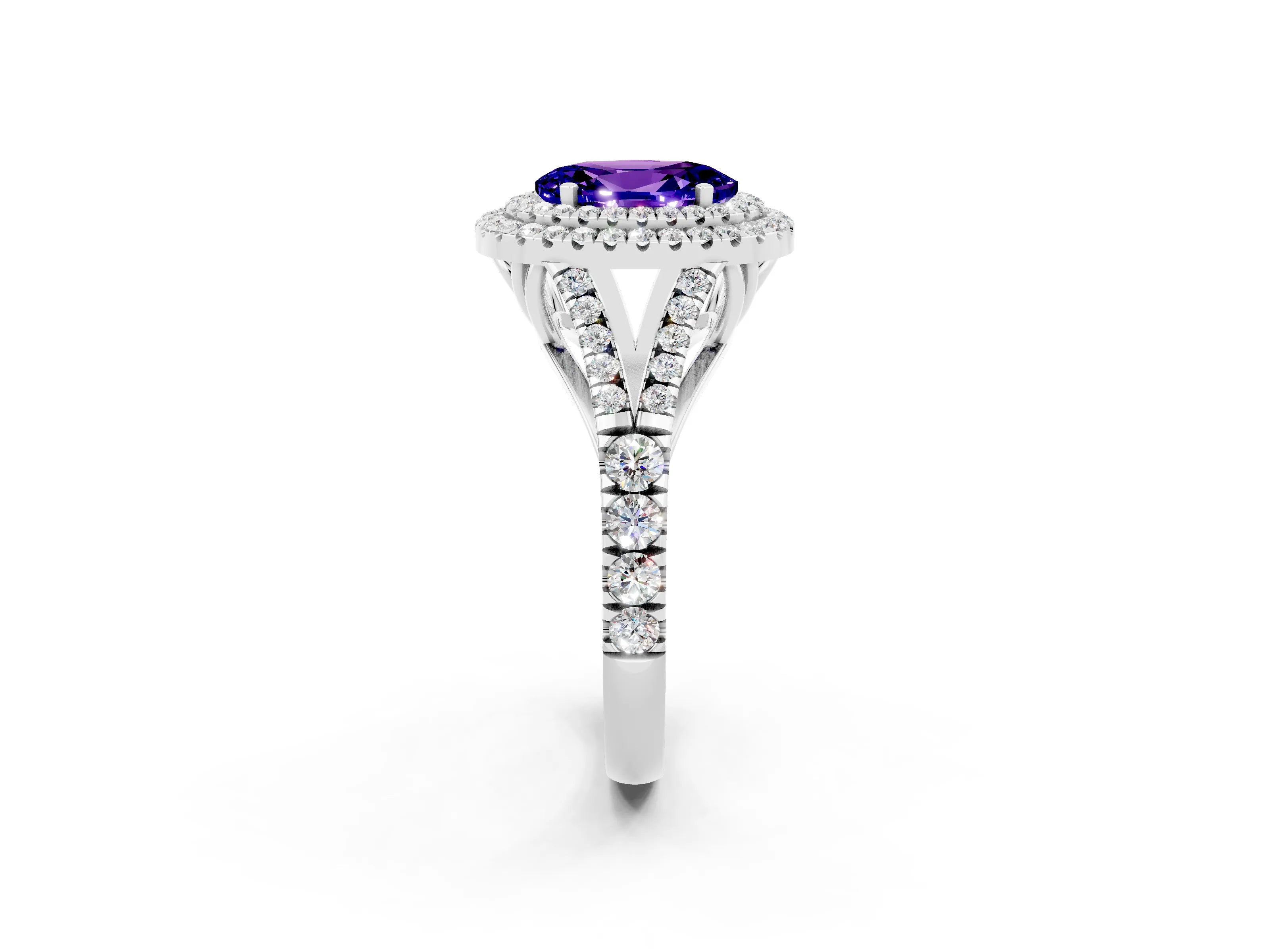 White gold Double Halo Oval Cut Tanzanite Pavé Split Shank Ring with Prong Setting_2