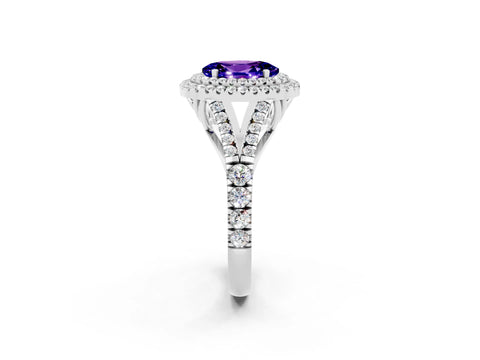 White gold Double Halo Oval Cut Tanzanite Pavé Split Shank Ring with Prong Setting_2