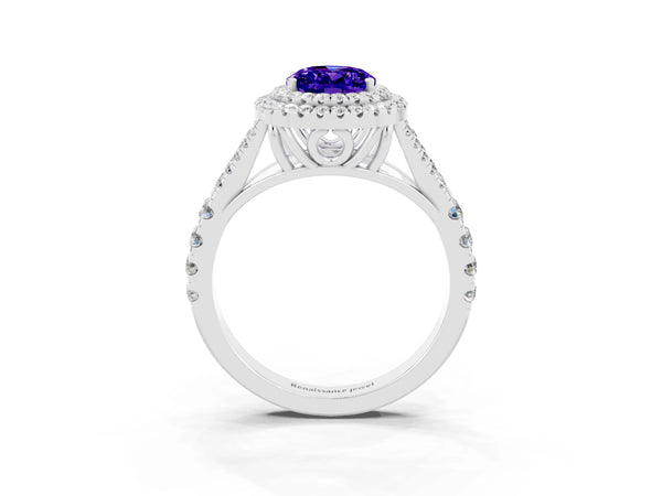 Platinum Double Halo Oval Cut Tanzanite Pavé Split Shank Ring with Prong Setting