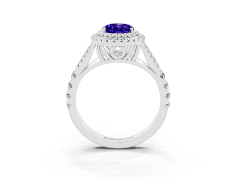 White gold Double Halo Oval Cut Tanzanite Pavé Split Shank Ring with Prong Setting_3