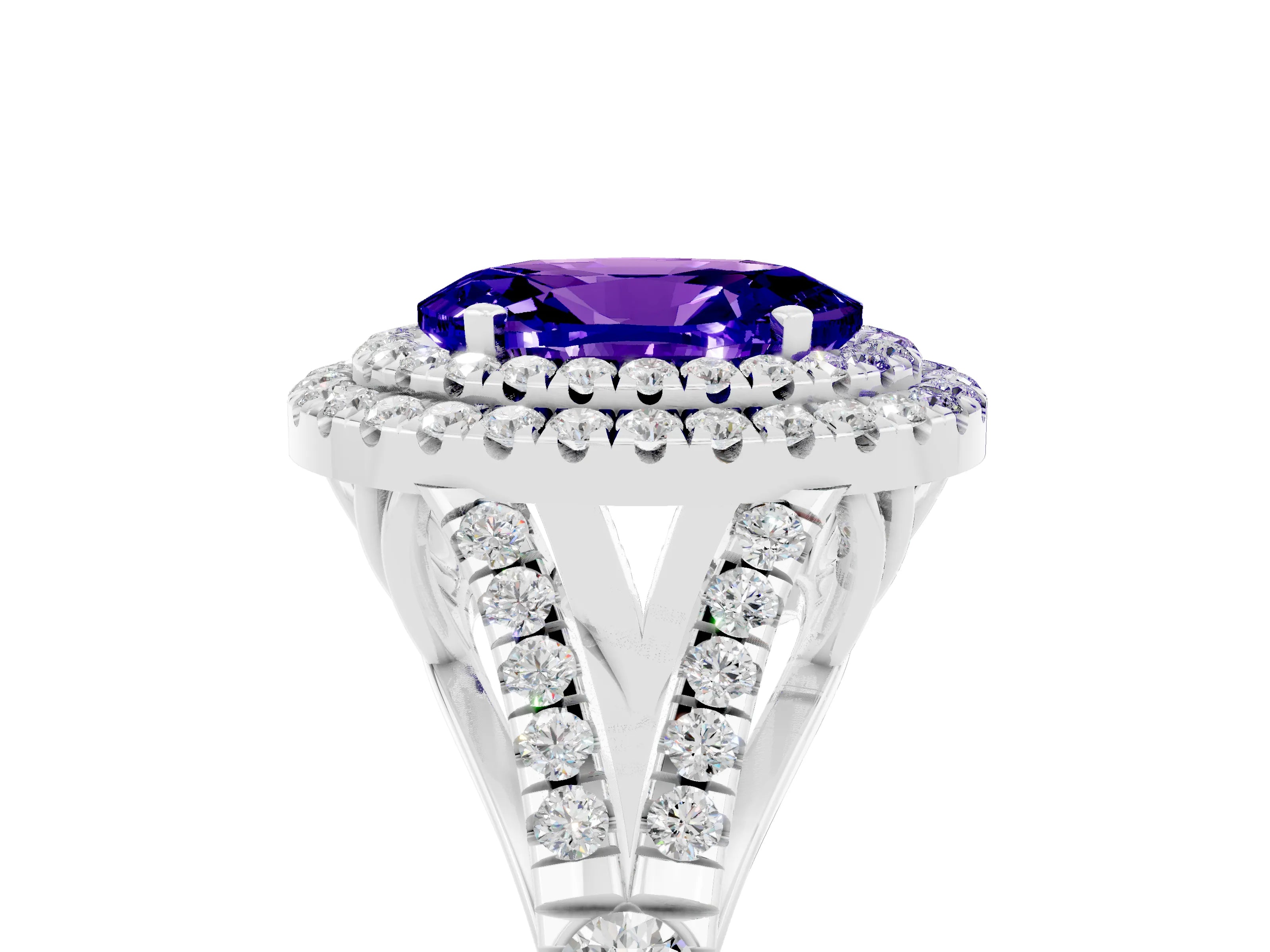 White gold Double Halo Oval Cut Tanzanite Pavé Split Shank Ring with Prong Setting_5