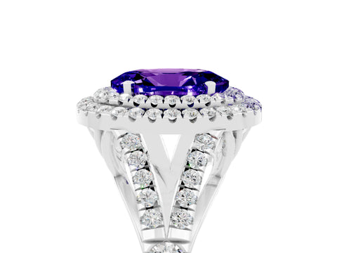 White gold Double Halo Oval Cut Tanzanite Pavé Split Shank Ring with Prong Setting_5