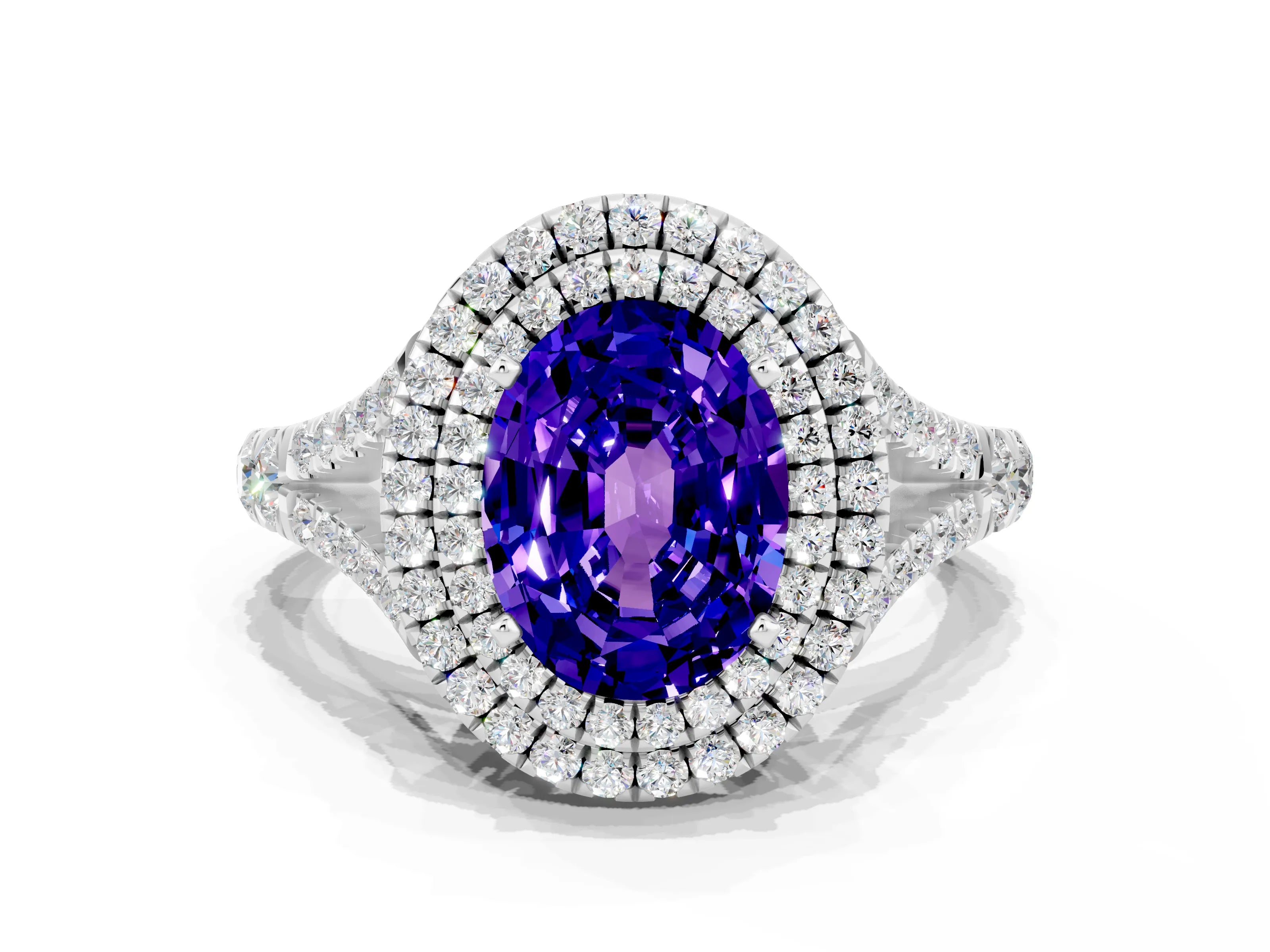 White gold Double Halo Oval Cut Tanzanite Pavé Split Shank Ring with Prong Setting