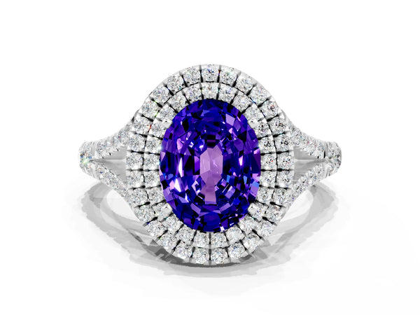 White gold Double Halo Oval Cut Tanzanite Pavé Split Shank Ring with Prong Setting
