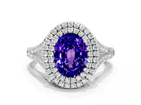 White gold Double Halo Oval Cut Tanzanite Pavé Split Shank Ring with Prong Setting