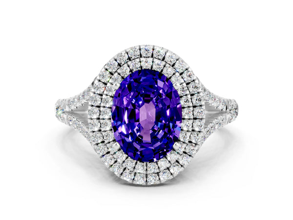 Platinum Double Halo Oval Cut Tanzanite Split Shank Engagement Ring with Four-Prong Setting