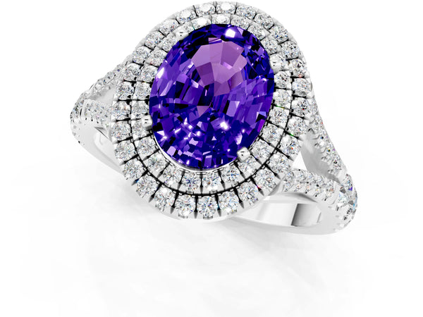 Silver Double Halo Oval Cut Tanzanite Split Shank Engagement Ring with Four-Prong Setting