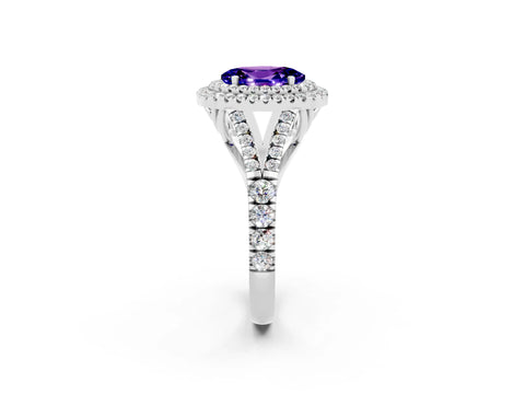 White gold Double Halo Oval Cut Tanzanite Split Shank Engagement Ring with Four-Prong Setting_2