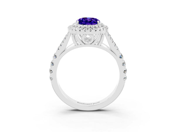 Silver Double Halo Oval Cut Tanzanite Split Shank Engagement Ring with Four-Prong Setting