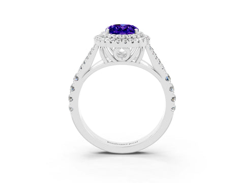 White gold Double Halo Oval Cut Tanzanite Split Shank Engagement Ring with Four-Prong Setting_3