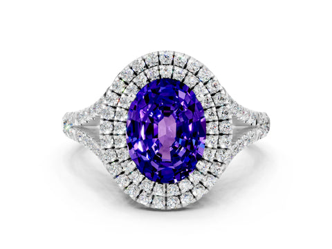 White gold Double Halo Oval Cut Tanzanite Split Shank Engagement Ring with Four-Prong Setting