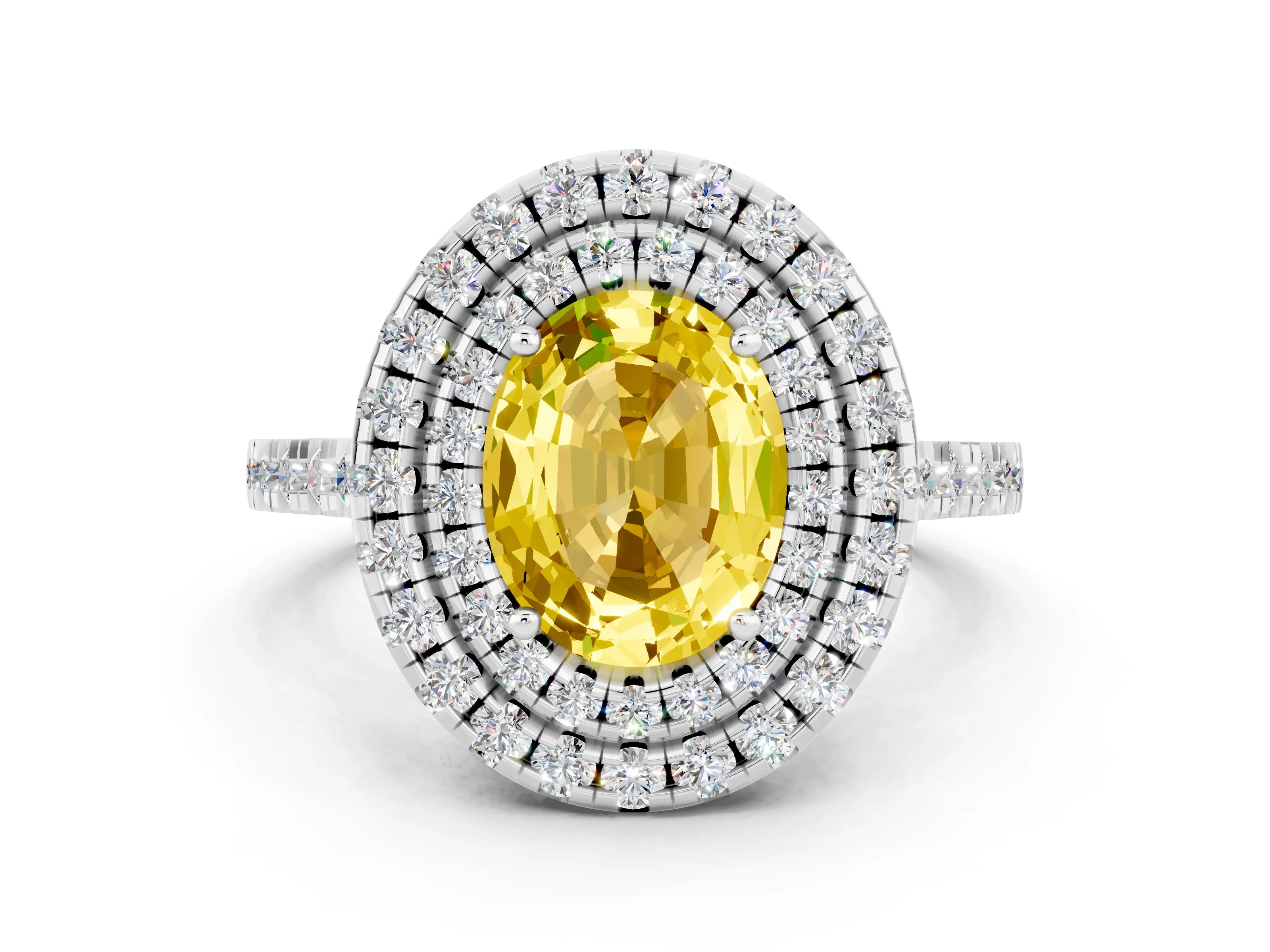 White gold Double Halo Oval Cut Yellow Sapphire Pavé Band with Four-Prong Setting_24