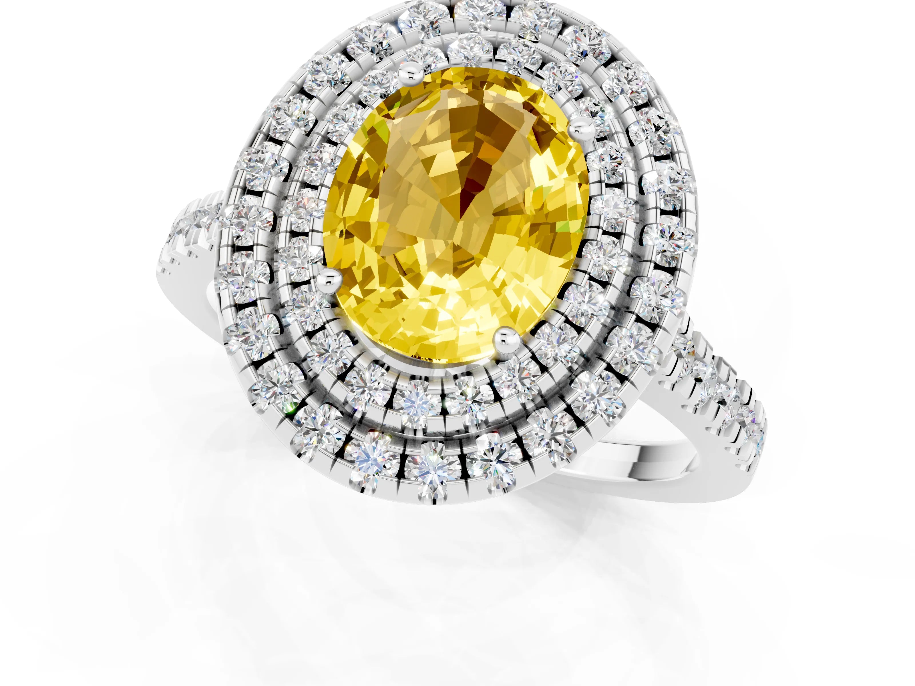 White gold Double Halo Oval Cut Yellow Sapphire Pavé Band with Four-Prong Setting_25