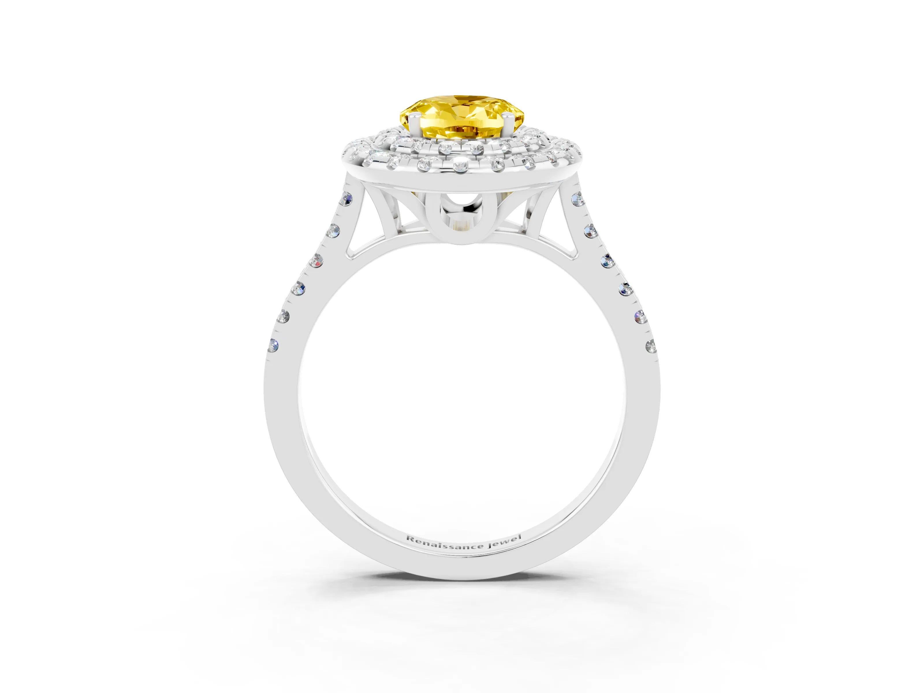 White gold Double Halo Oval Cut Yellow Sapphire Pavé Band with Four-Prong Setting_27