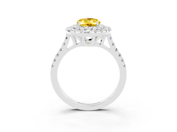 White gold Double Halo Oval Cut Yellow Sapphire Pavé Band with Four-Prong Setting