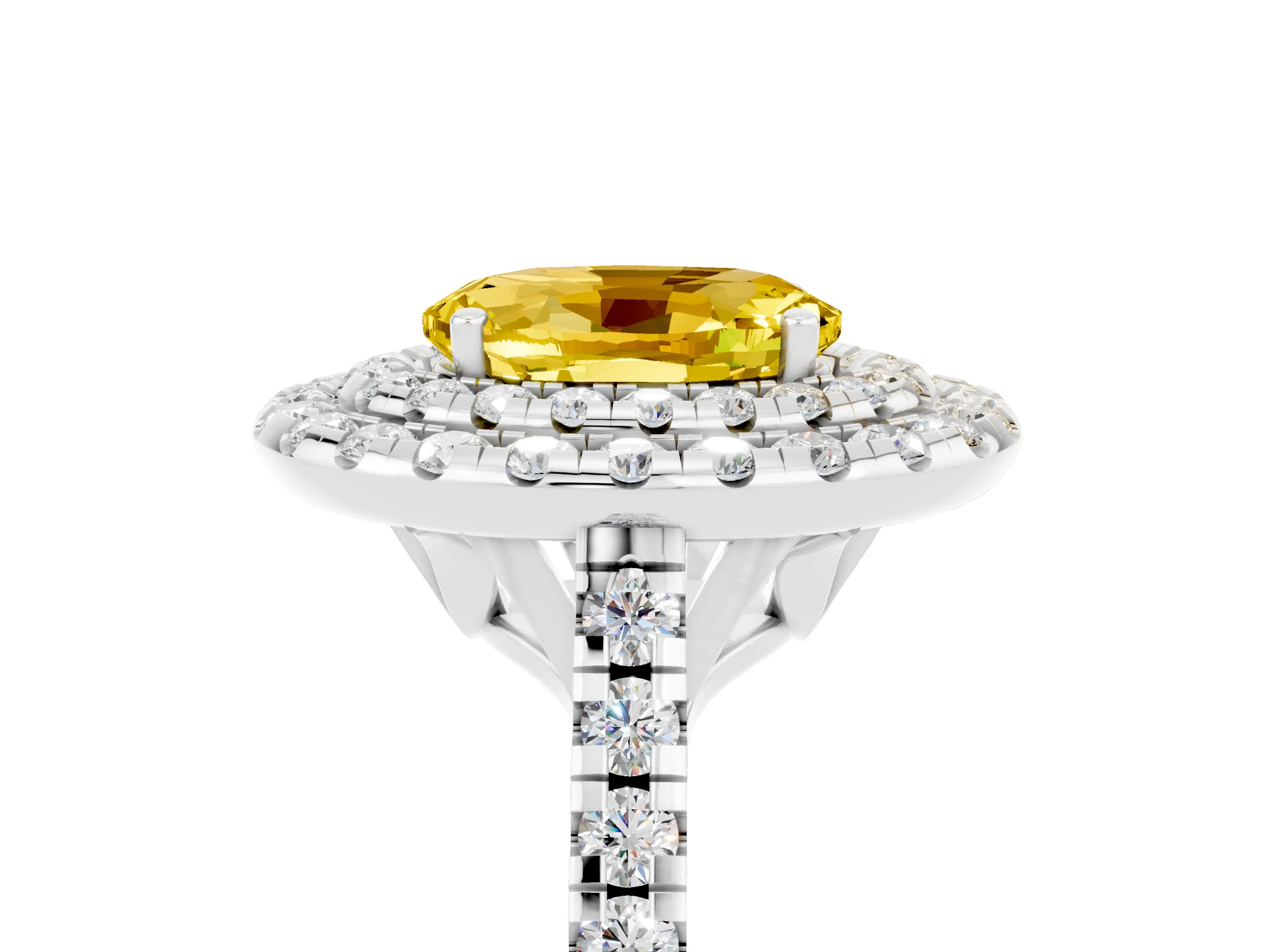 White gold Double Halo Oval Cut Yellow Sapphire Pavé Band with Four-Prong Setting_29