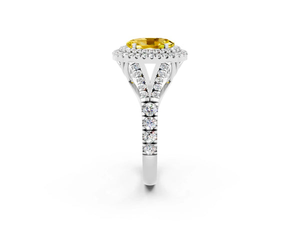 Silver Double Halo Oval Cut Yellow Sapphire Pavé Split Shank Ring with Prong Setting