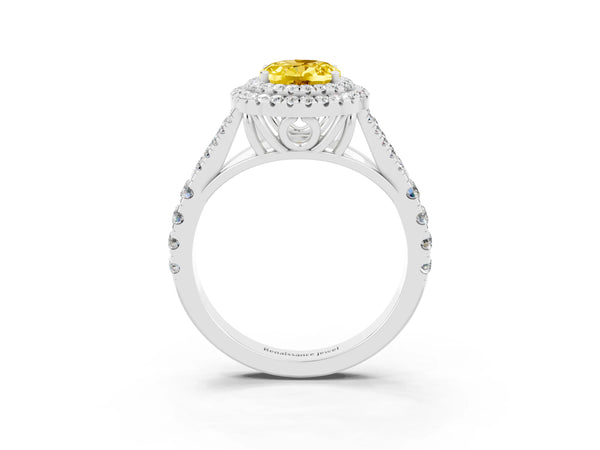 Platinum Double Halo Oval Cut Yellow Sapphire Pavé Split Shank Ring with Prong Setting