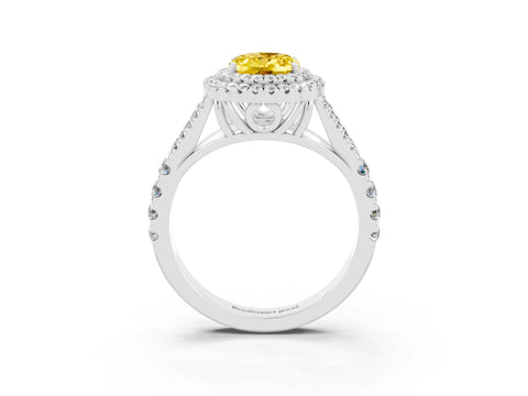 White gold Double Halo Oval Cut Yellow Sapphire Pavé Split Shank Ring with Prong Setting_3