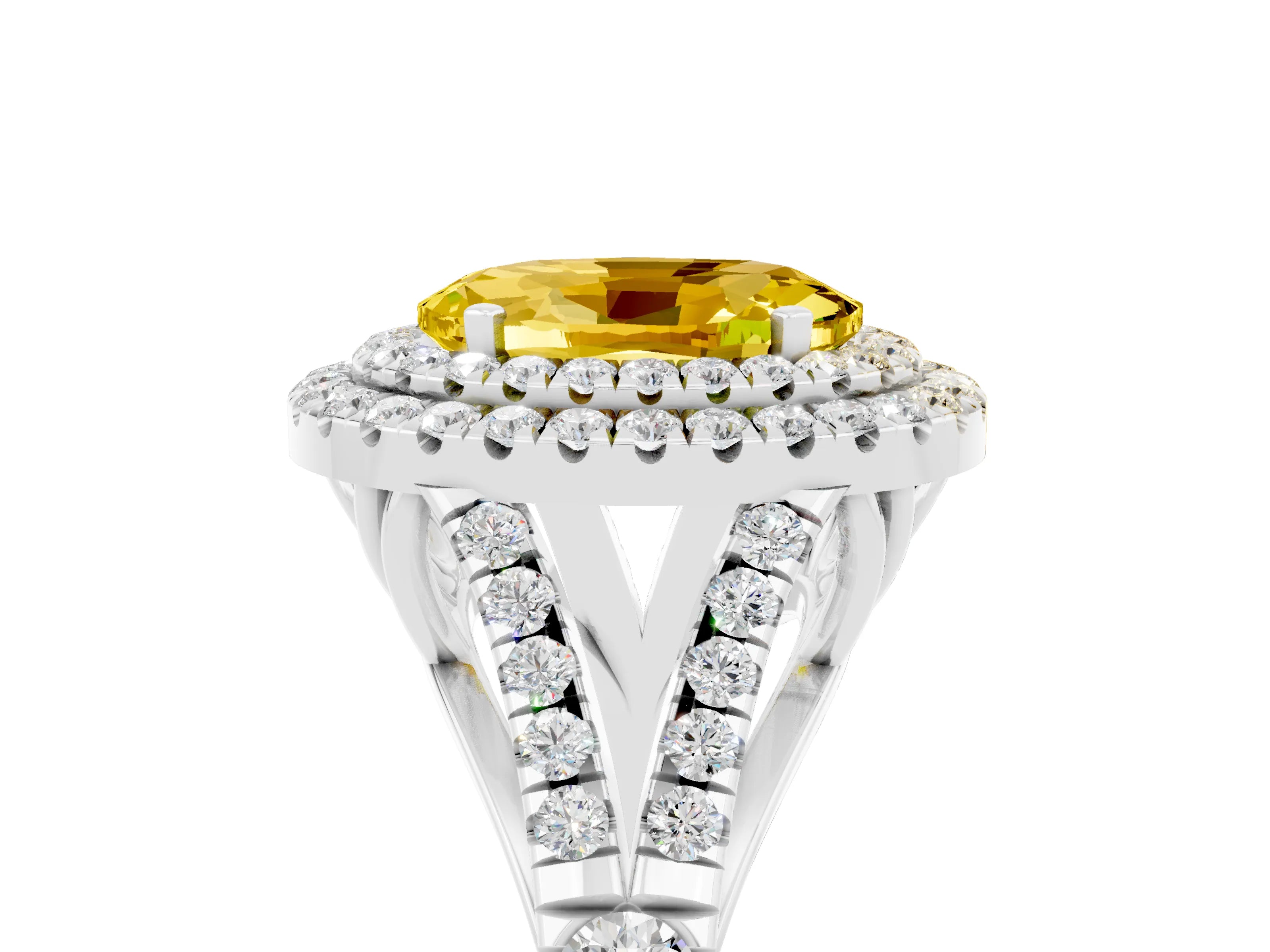 White gold Double Halo Oval Cut Yellow Sapphire Pavé Split Shank Ring with Prong Setting_5
