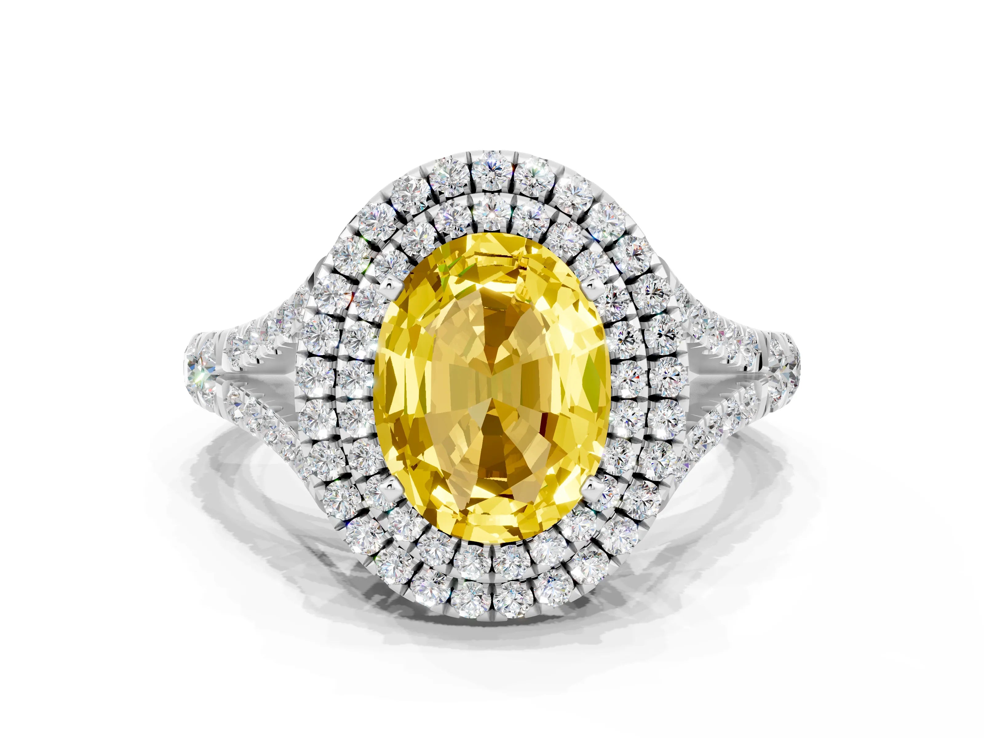 White gold Double Halo Oval Cut Yellow Sapphire Pavé Split Shank Ring with Prong Setting