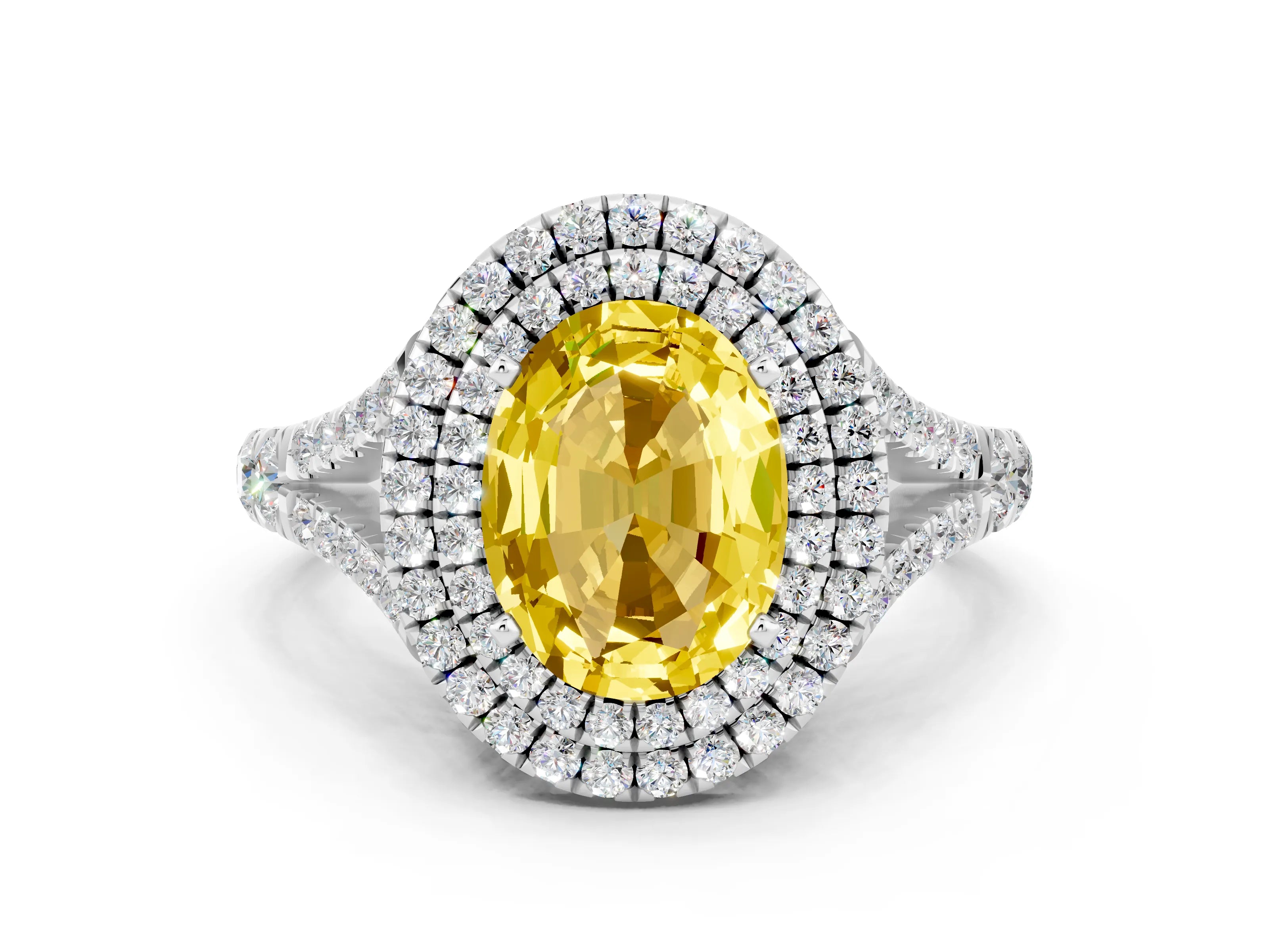 White gold Double Halo Oval Cut Yellow Sapphire Split Shank Engagement Ring with Four-Prong Setting