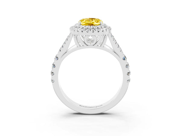 Silver Double Halo Oval Cut Yellow Sapphire Split Shank Engagement Ring with Four-Prong Setting