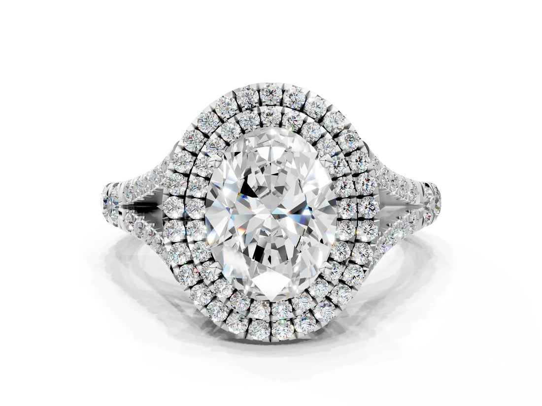 White gold Double Halo Oval-Shaped Split Shank Diamond Ring with Prong Setting_20