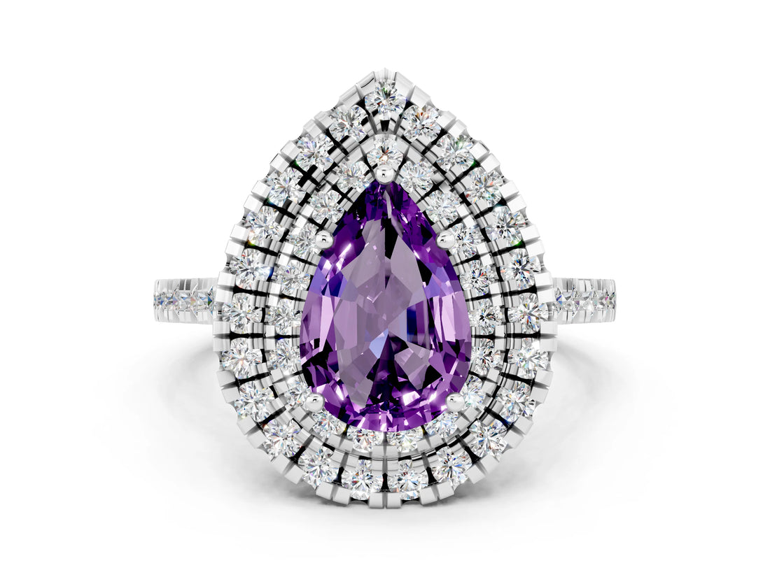 White gold Double Halo Pear Cut Amethyst Pavé Band with Four-Prong Setting