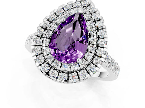 White gold Double Halo Pear Cut Amethyst Pavé Band with Four-Prong Setting_1