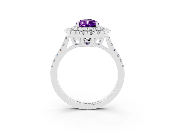 White gold Double Halo Pear Cut Amethyst Pavé Band with Four-Prong Setting