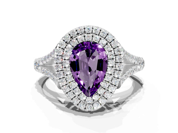 Platinum Double Halo Pear Cut Amethyst Pavé Split Shank Ring with Prong Setting