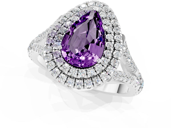 Platinum Double Halo Pear Cut Amethyst Pavé Split Shank Ring with Prong Setting