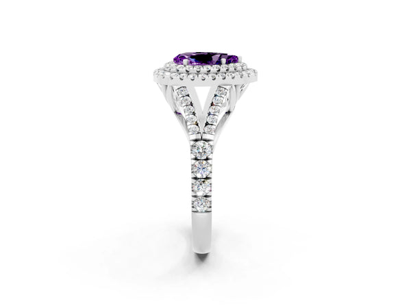 Platinum Double Halo Pear Cut Amethyst Pavé Split Shank Ring with Prong Setting