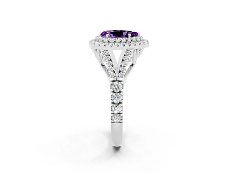 White gold Double Halo Pear Cut Amethyst Pavé Split Shank Ring with Prong Setting_2