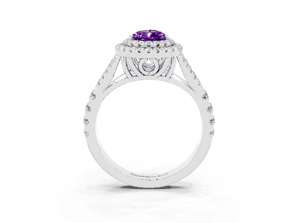 Platinum Double Halo Pear Cut Amethyst Pavé Split Shank Ring with Prong Setting