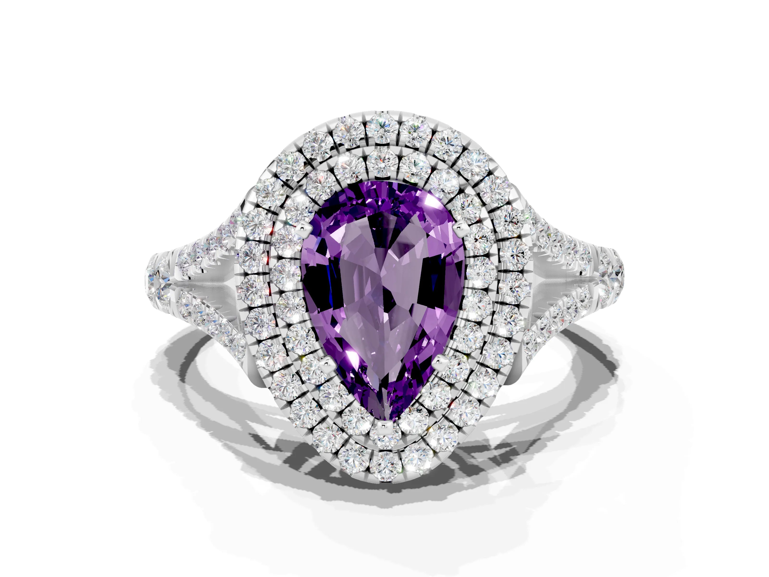 White gold Double Halo Pear Cut Amethyst Pavé Split Shank Ring with Prong Setting