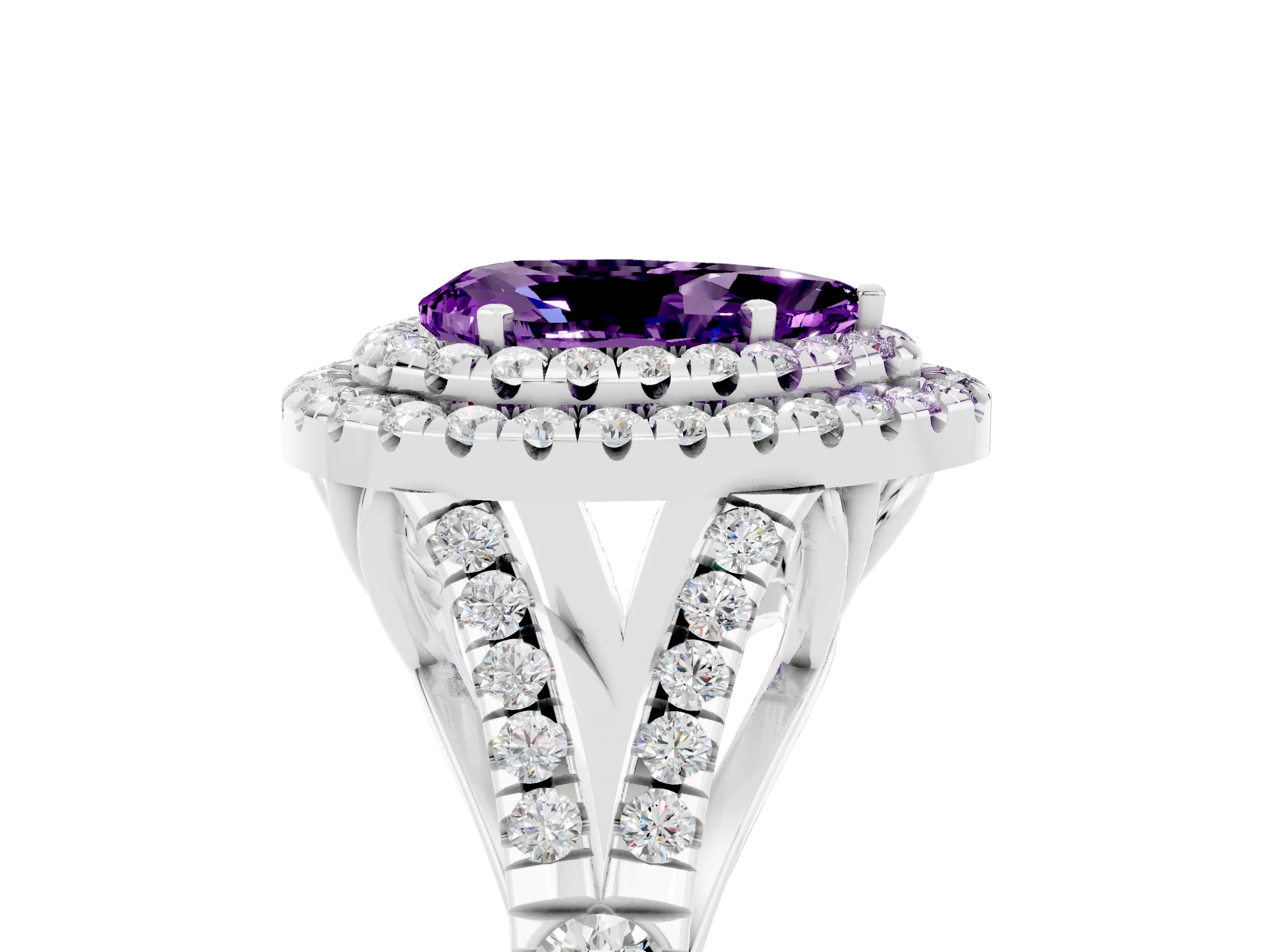 White gold Double Halo Pear Cut Amethyst Pavé Split Shank Ring with Prong Setting_5