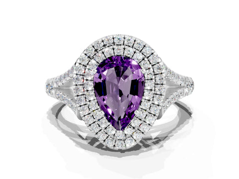 White gold Double Halo Pear Cut Amethyst Pavé Split Shank Ring with Prong Setting