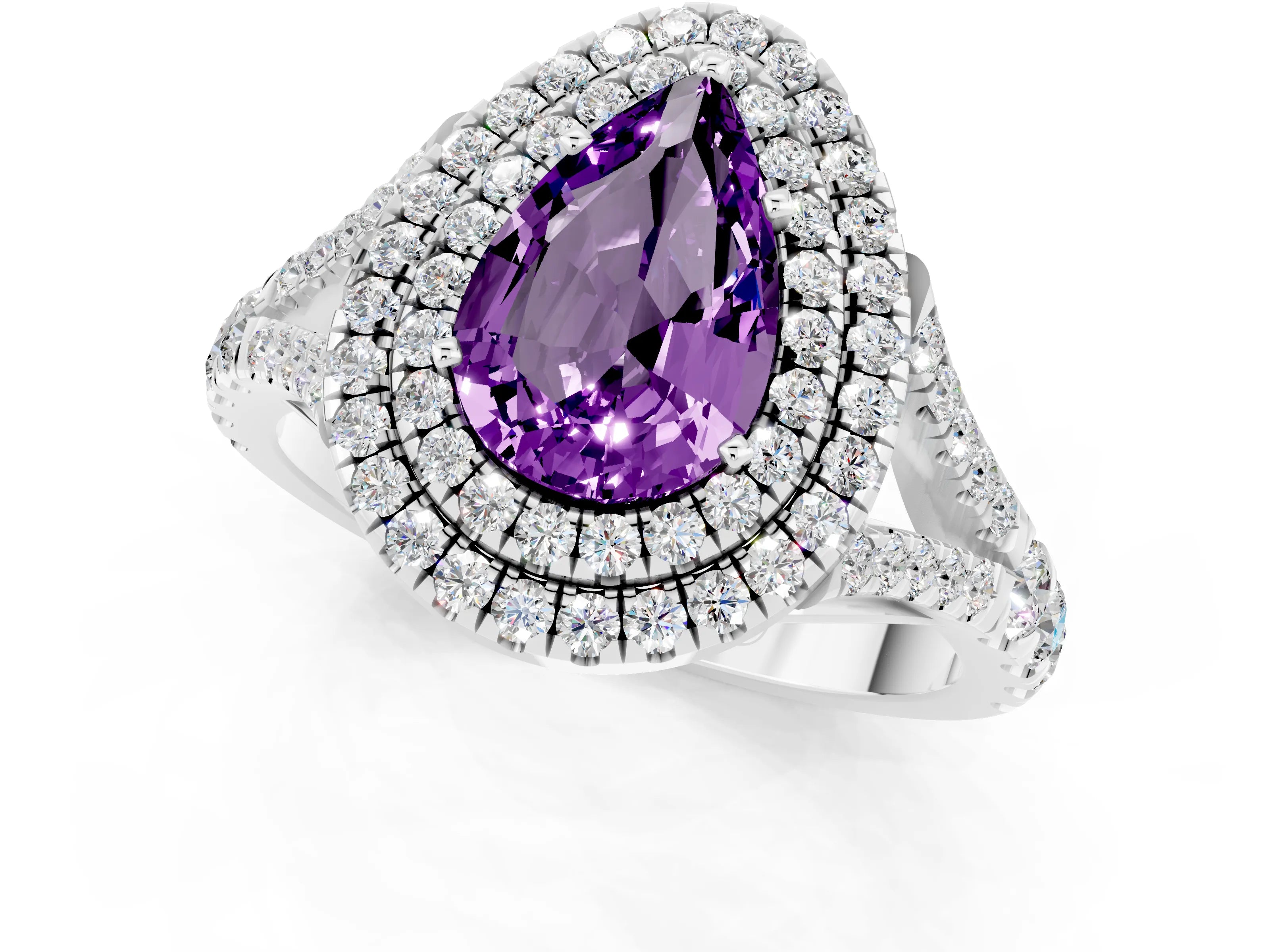 White gold Double Halo Pear Cut Amethyst Split Shank Engagement Ring with Four-Prong Setting_1