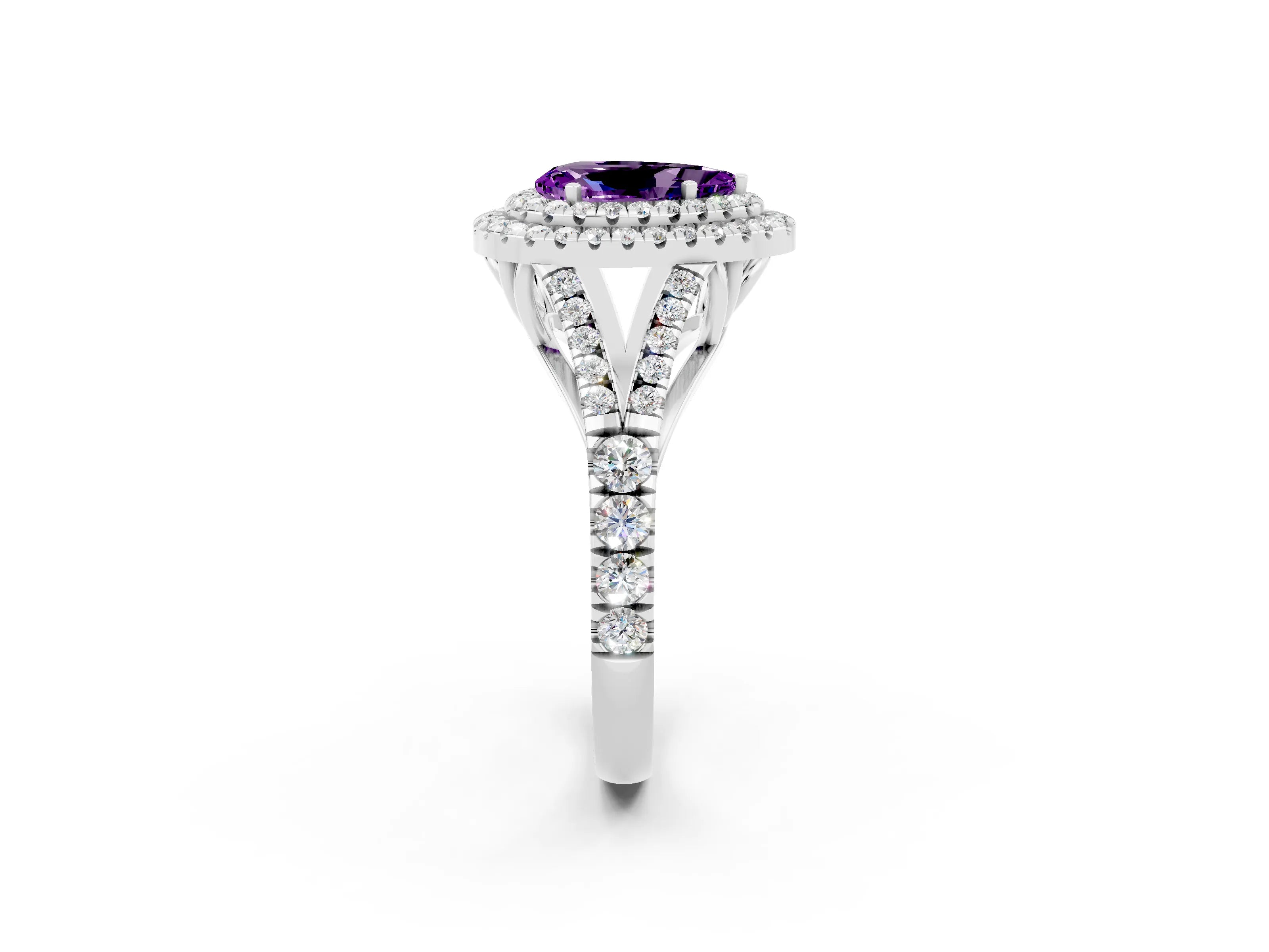 White gold Double Halo Pear Cut Amethyst Split Shank Engagement Ring with Four-Prong Setting_2