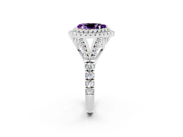 White gold Double Halo Pear Cut Amethyst Split Shank Engagement Ring with Four-Prong Setting