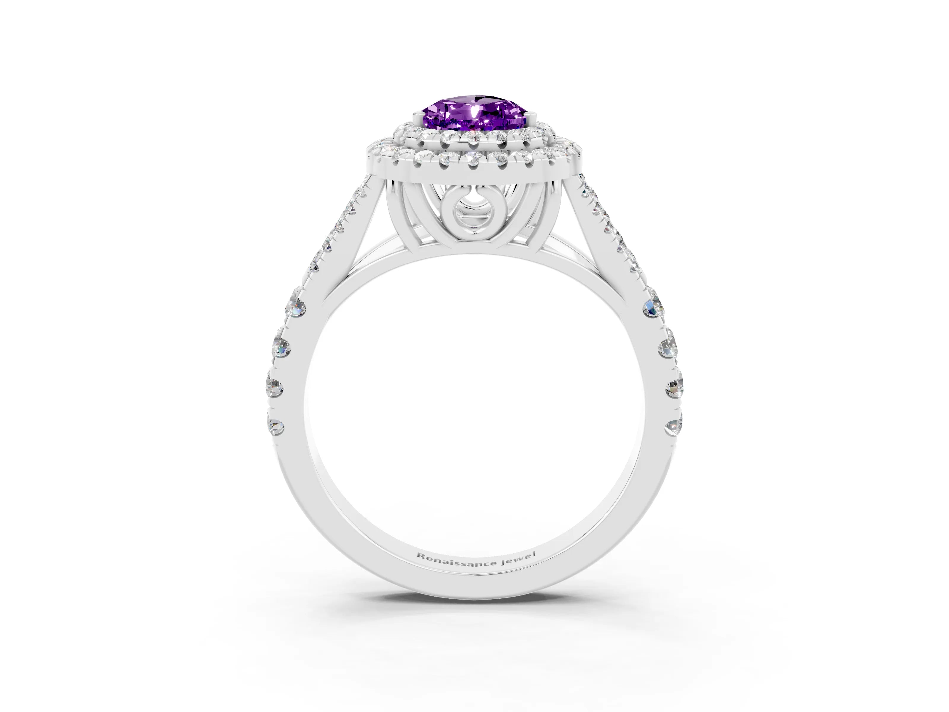 White gold Double Halo Pear Cut Amethyst Split Shank Engagement Ring with Four-Prong Setting_3