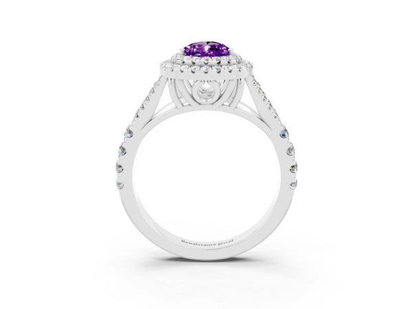 Silver Double Halo Pear Cut Amethyst Split Shank Engagement Ring with Four-Prong Setting