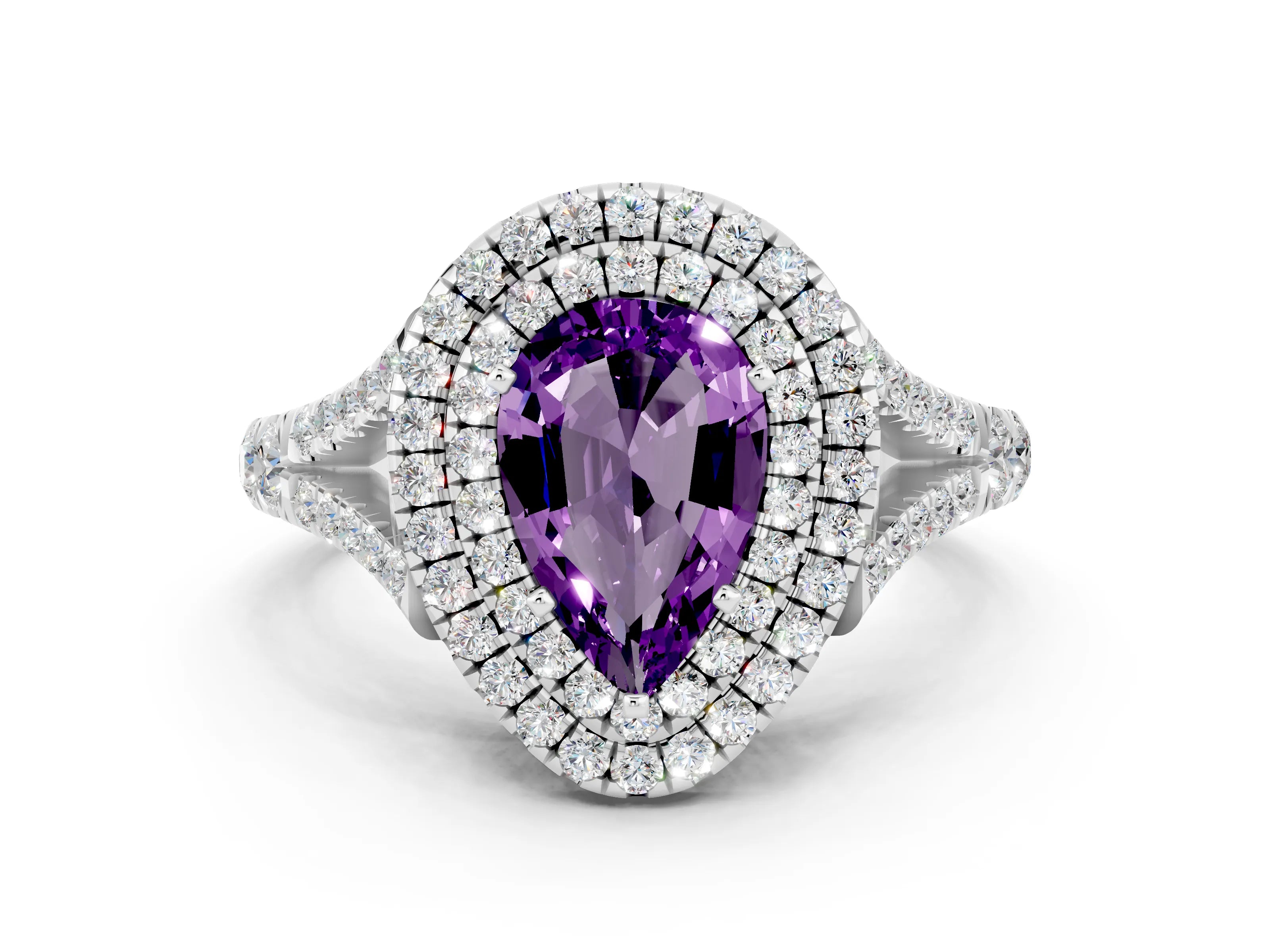 White gold Double Halo Pear Cut Amethyst Split Shank Engagement Ring with Four-Prong Setting