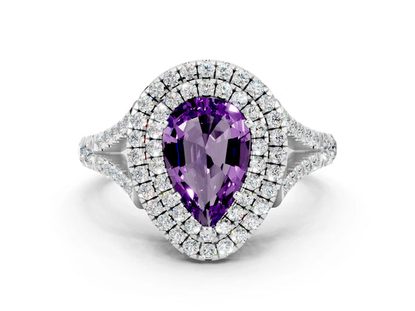 Silver Double Halo Pear Cut Amethyst Split Shank Engagement Ring with Four-Prong Setting