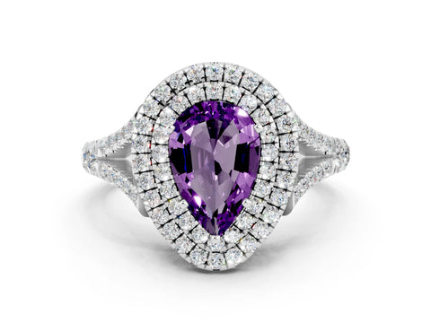 White gold Double Halo Pear Cut Amethyst Split Shank Engagement Ring with Four-Prong Setting