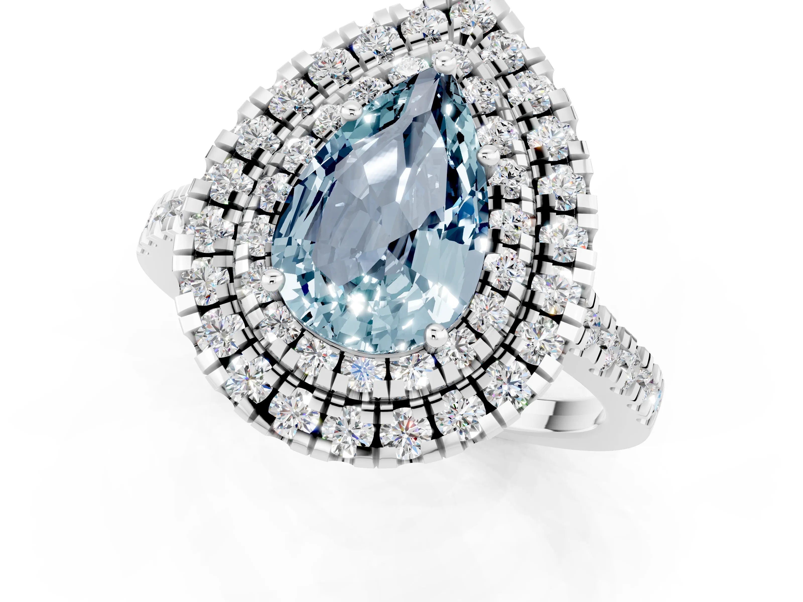 White gold Double Halo Pear Cut Aquamarine Pavé Band with Four-Prong Setting_1